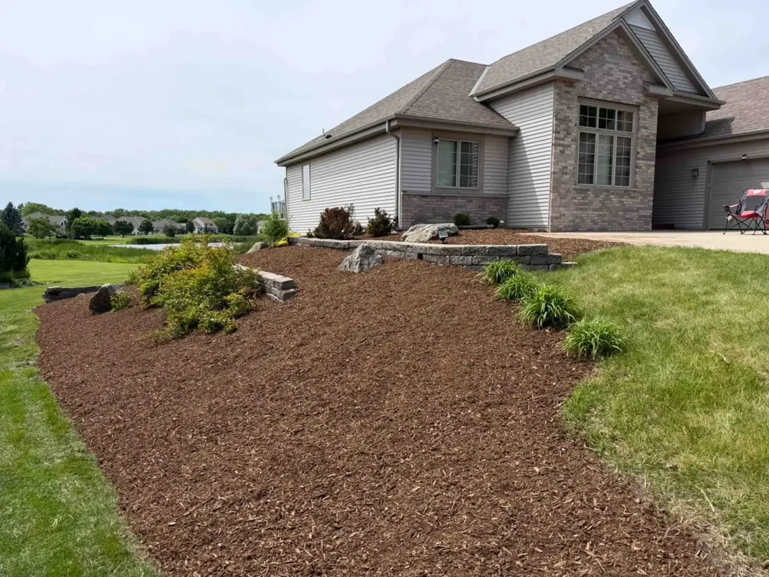 The same spot after: cleared, trimmed and freshly mulched