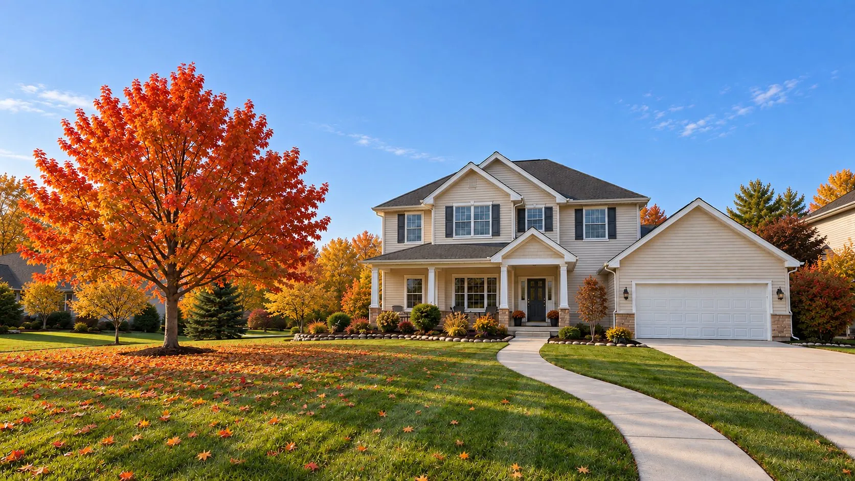 The same yard in fall, the maple turned red